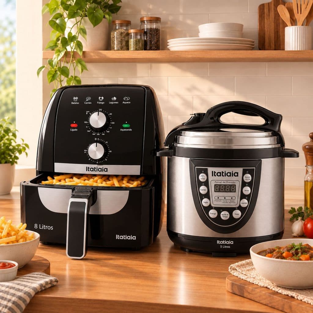 Kit Air Fryer 8L + Panela de Pressão Elétrica 5L Analógica ou Digital Itatiaia