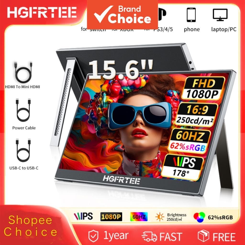 HGFRTEE Monitor Portátil de 15,6 Polegadas FHD 1080P IPS Display USB-C HDMI Monitor Gamer Fino para Laptop PS5