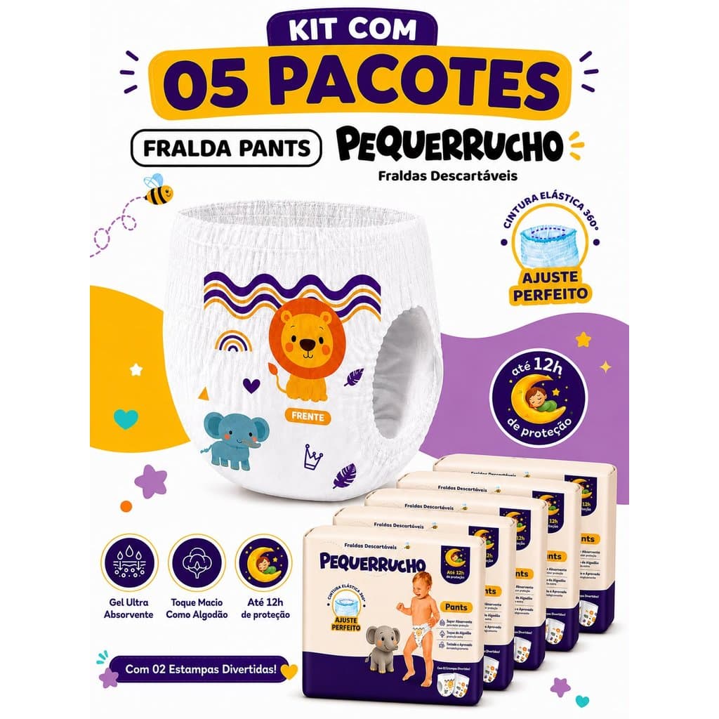 KIT COM 05 PACOTES DE FRALDA INFANTIL PEQUERRUCHO BABY FRALDA CALÇA – JUMBO