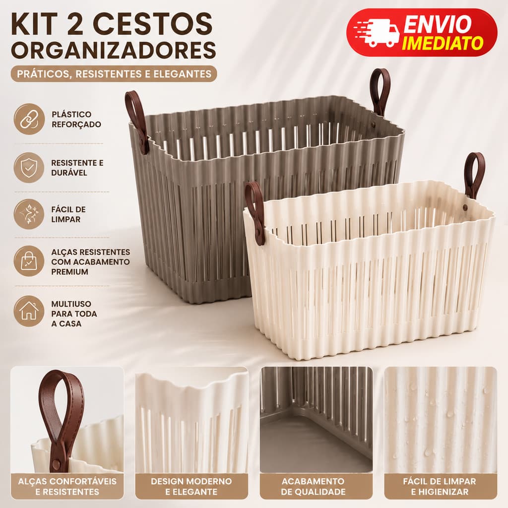 Conjunto Caixas Organizadoras Com Alças Multiuso Cestos organizadores Banheiro Cozinha Closet Branco Cinza Guarda roupa