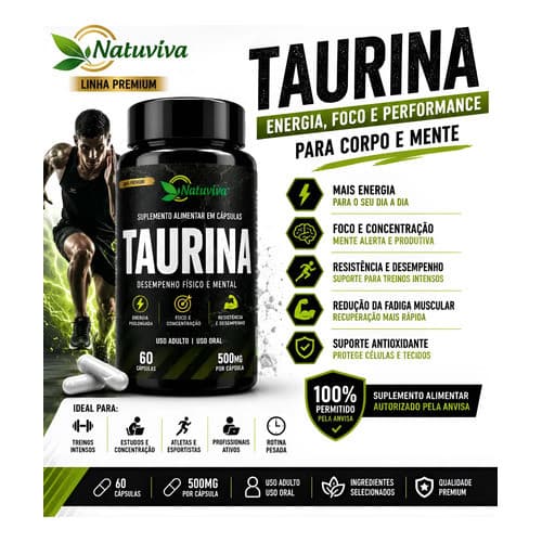 Taurina 500mg 60 Capsulas Natuviva Suplemento Pre Treino