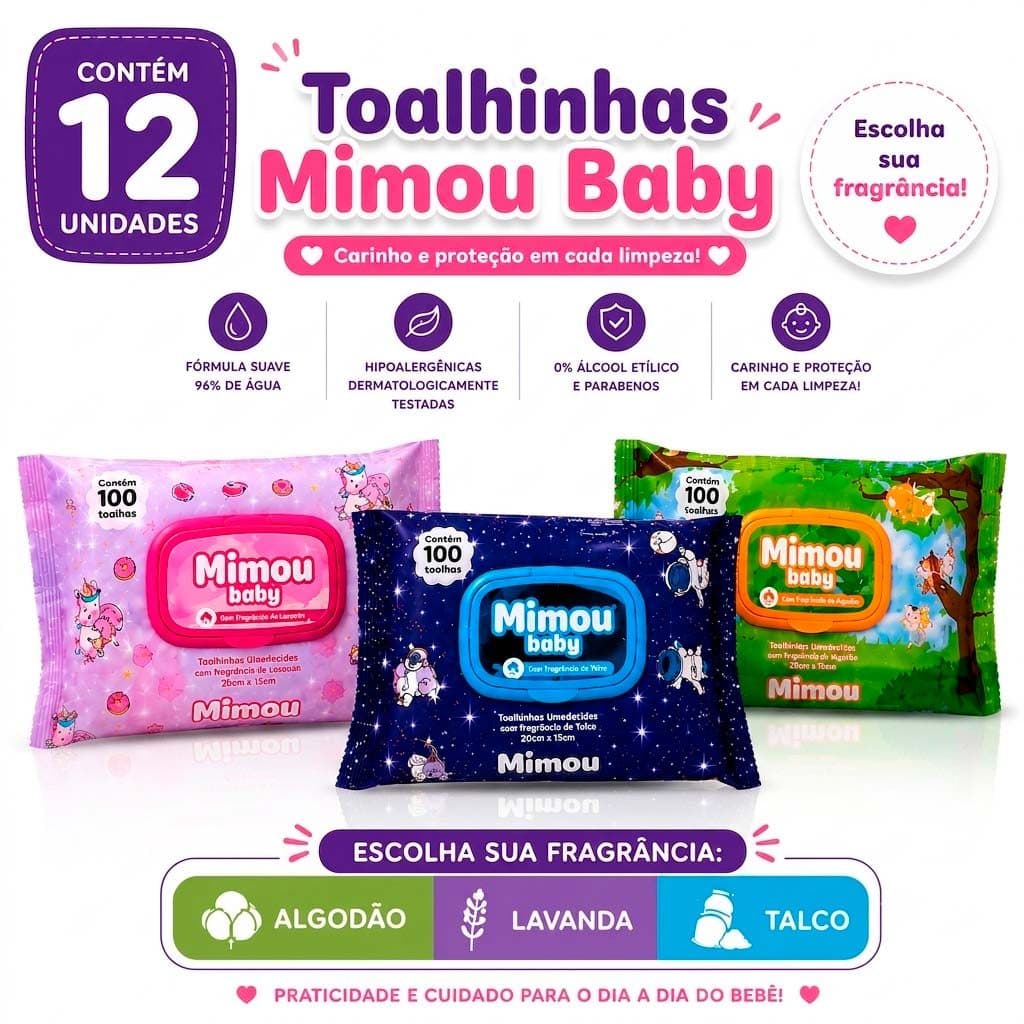 Kit Com 12 Lenços Toalhas Umedecidas Infantil Para Higiene Diária Mimou Baby