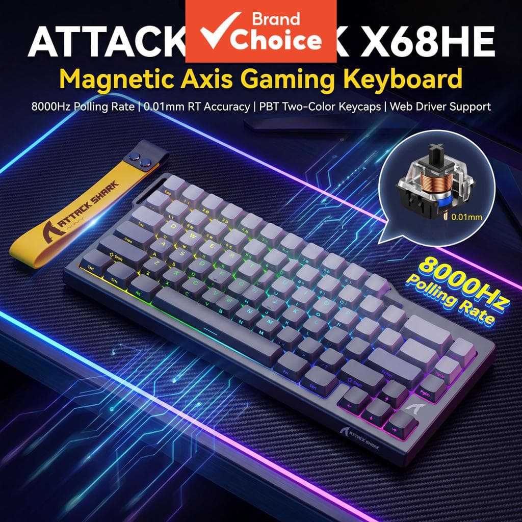 Teclado Mecânico Magnético Attack Shark X68HE, com fio, Switch Magnético Baiyu, Taxa de Polling de 8000Hz, Precisão de