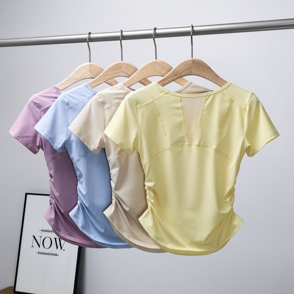Malha respirável roupas de Yoga topos femininos cintura plissada Pilates manga curta de secagem rápida roupas de Fitness