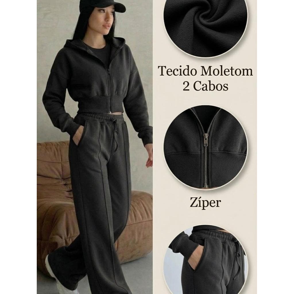 Conjunto Moletom Feminino com zíper +capuz calça cargo longo moda inverno(p-m-g)