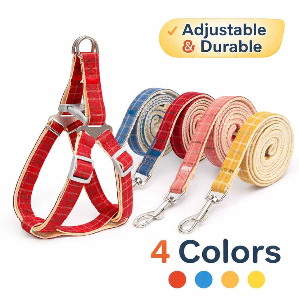 Conjunto de Coleira e Guia para Cães Ajustável, Colete Macio com Padrão Xadrez e Guia Durável para Caminhada