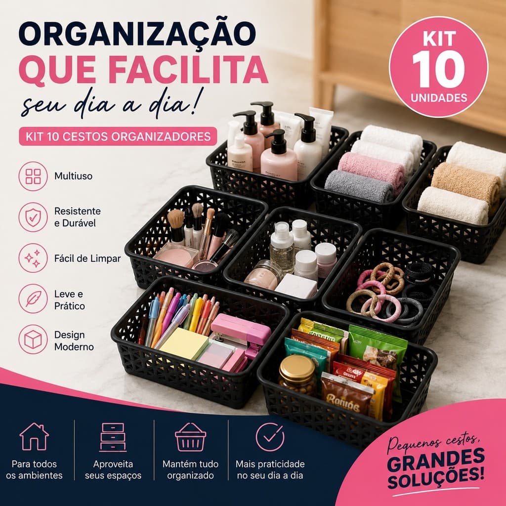 Kit 10 Cestos Organizadores Multiuso Plástico Branco Cinza Preto para Cozinha Banheiro Armário Gaveta