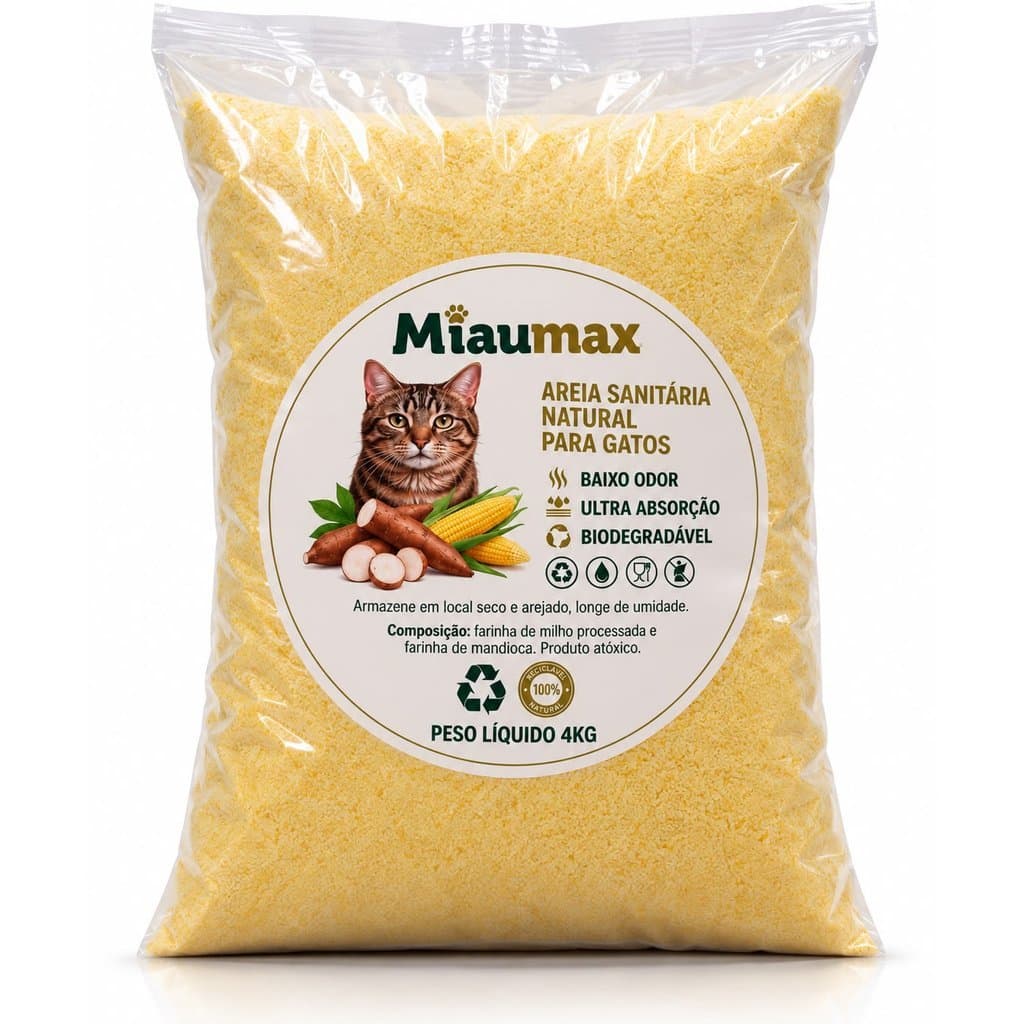 Kit Areia Sanitária Miaumax 4Kg Para Gatos Biodegradável Milho e Mandioca Alta Absorção Baixo Odor