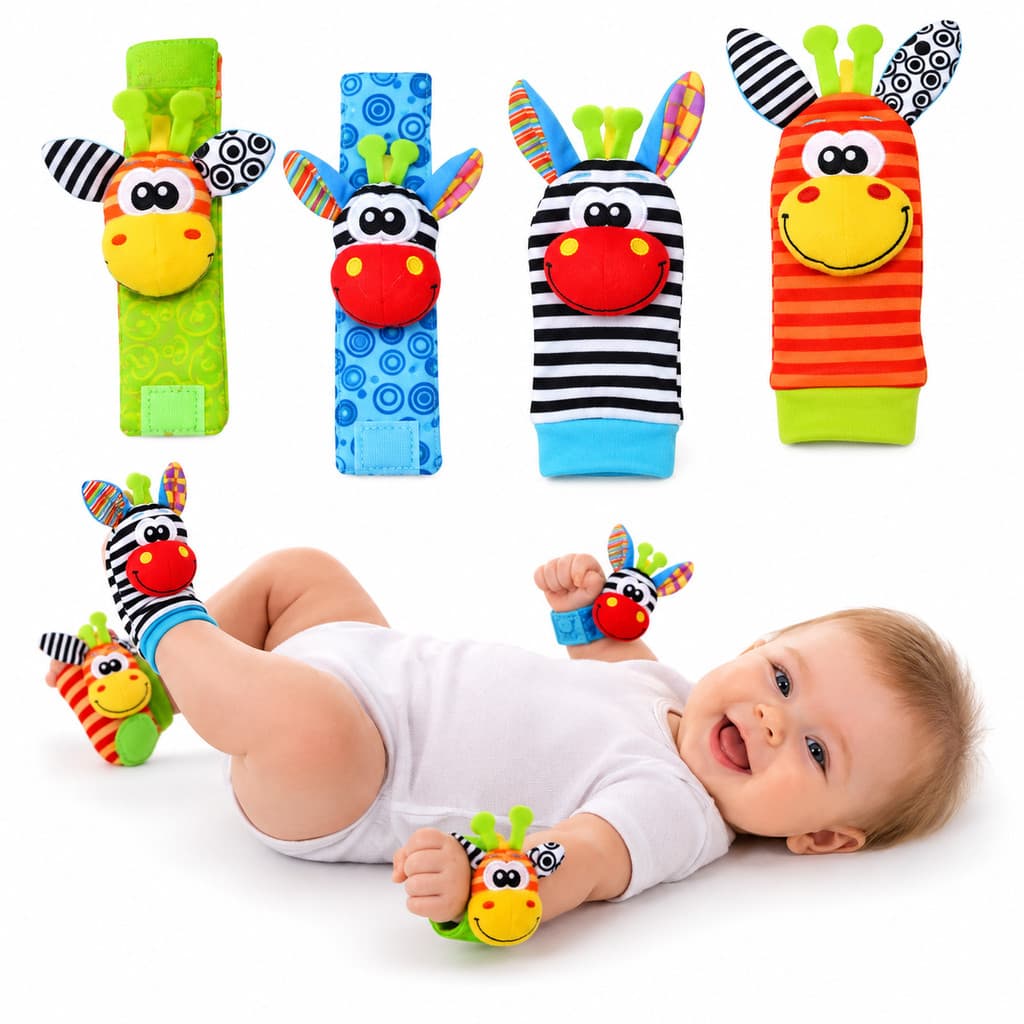 Kit Sensorial Bebê 4 Peças Meias e Pulseiras Chocalho Sensorial Brinquedo Estimulação Infantil Enxoval