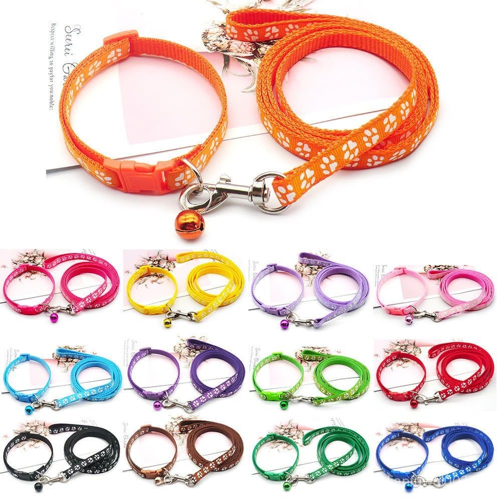 Conjunto de coleira e guia para cães com estampa de patas de cachorro, coleira para cães com estampa de desenho animado,