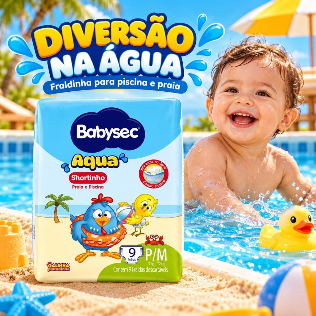 Fralda Babysec Aqua Tamanho P/M Shortinho Praia e Piscina Pacote com 9 Fraldas Descartáveis