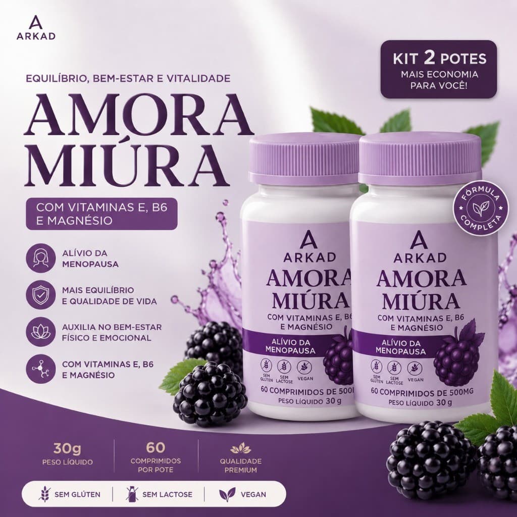 Kit 2 Amora Miúra Arkad 120 Comprimidos | Vitaminas E, B6 e Magnésio | Suplemento Alimentar Feminino