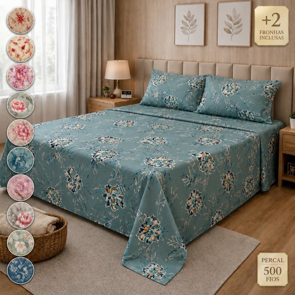 Jogo de Lençol Cama Casal Estampado 3pç S/Elástico Micropercal 500 Fios Toque Macio de Algodão