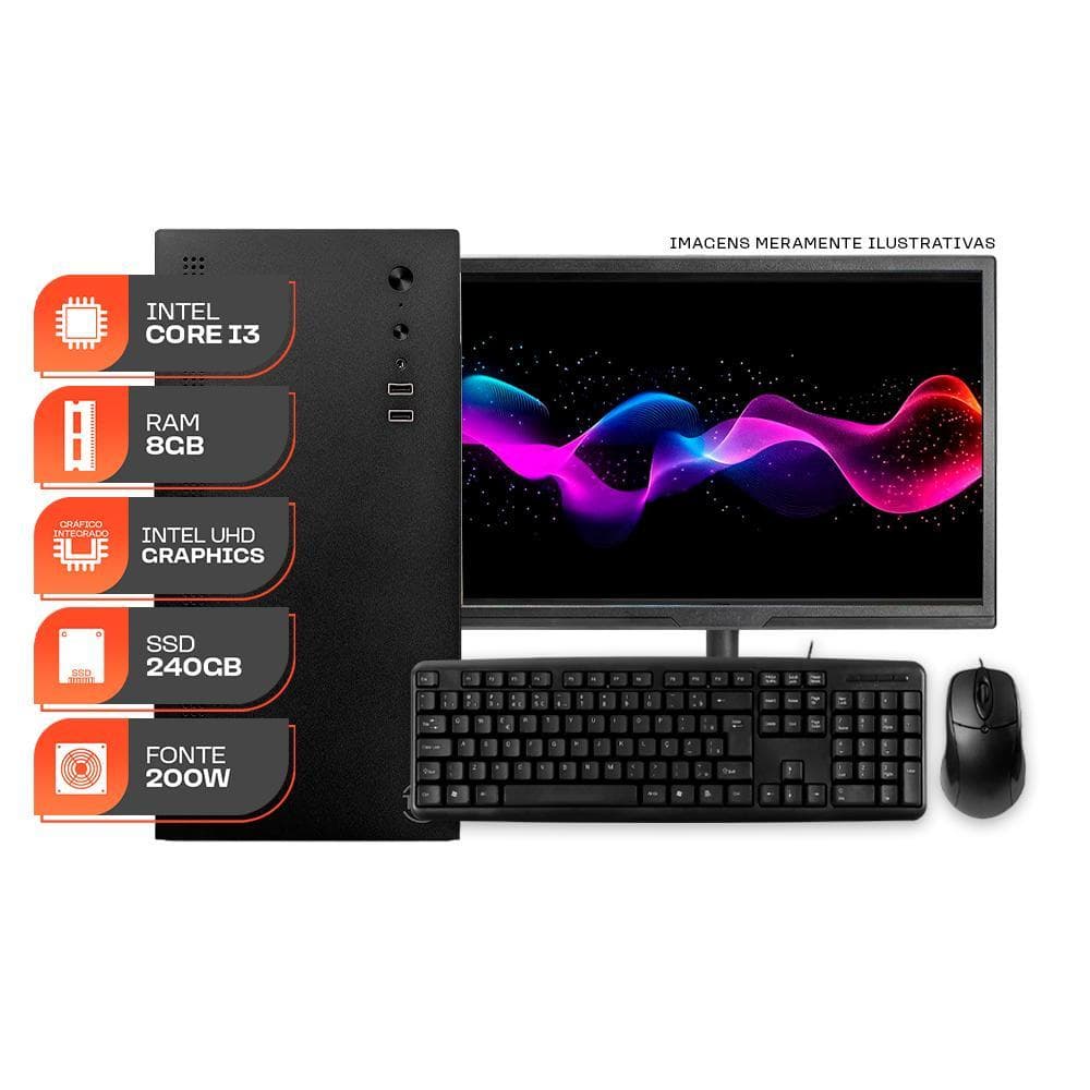 Computador Home Essential S, Intel i3 8ª Geração, 8GB DDR4, SSD 240GB, Completo com Monitor e Periféricos