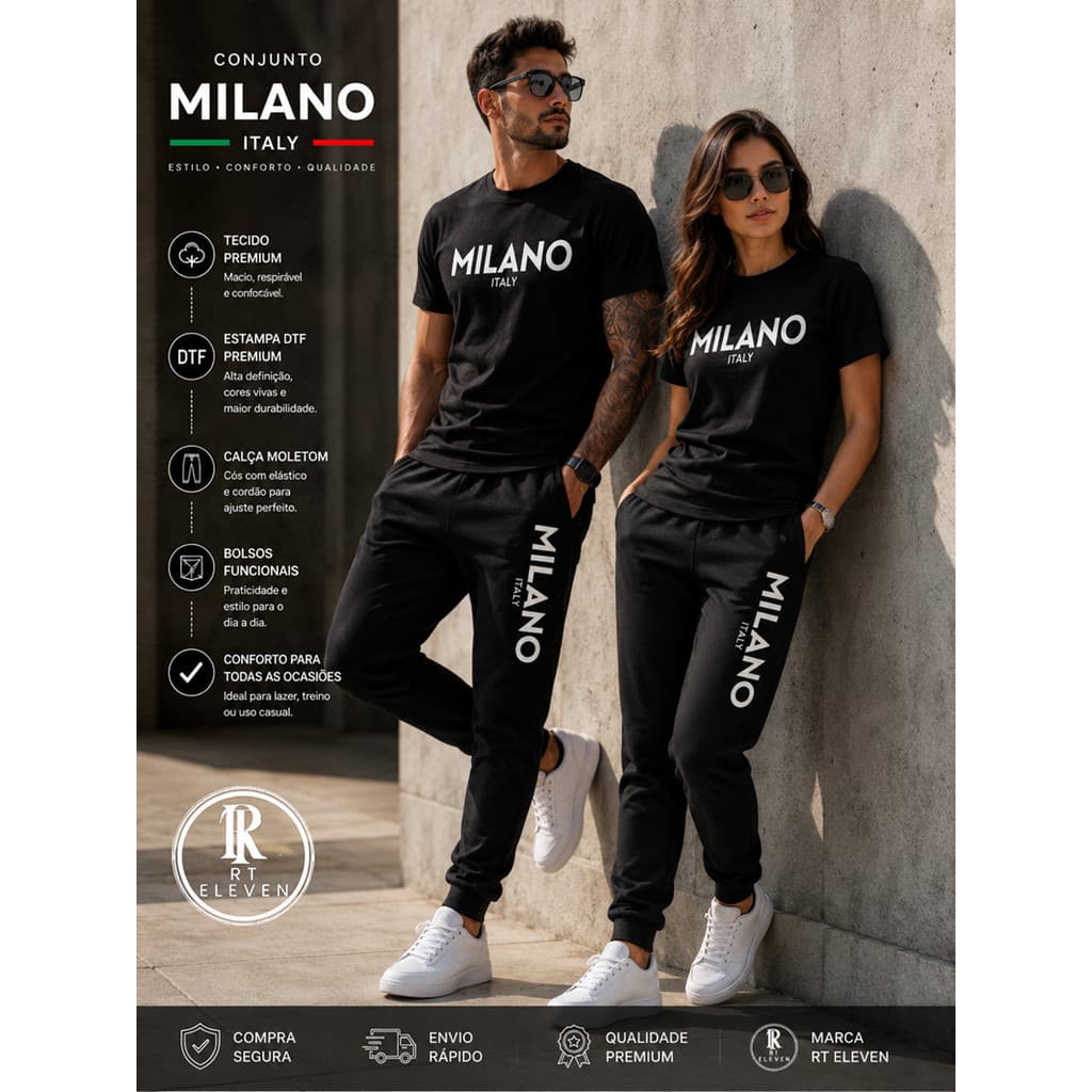 Kit Conjunto MILANO Itália Camiseta e Calça Moletom Moda casual Malha Algodão + calça Moletom Com bolso Linha Premium