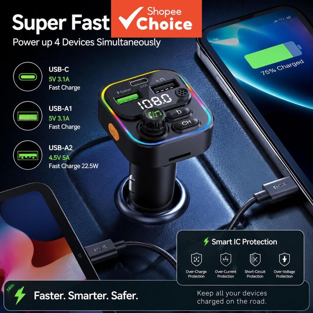 C16 Transmissor FM para Carro Bluetooth 5.3 Kit de Carro Sem Fio Mãos Livres Carregador Veicular USB C Modulador FM