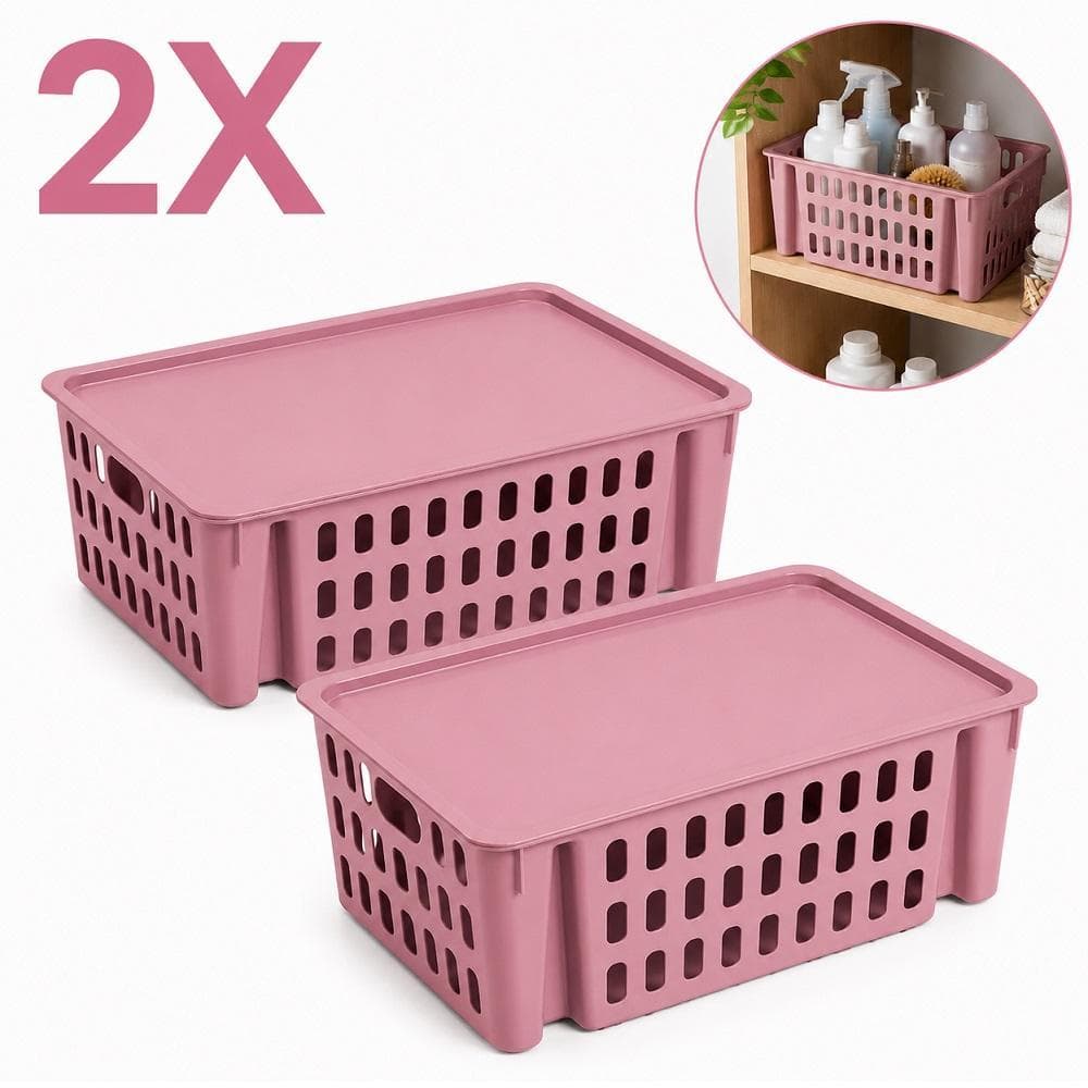 KIT 2 CESTOS VAZADOS ROSA 74L COM TAMPA CAIXA ORGANIZADORA EMPILHAVEL MULTIUSO PARA ARMARIO BANHEIRO COZINHA QUARTO