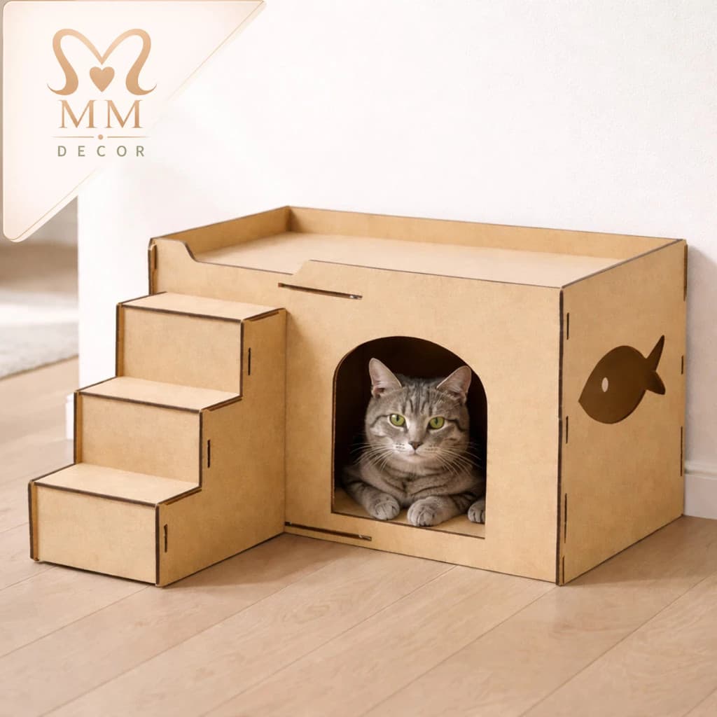 Toca Pet MDF Cru com Escada Casinha Moderna para Ambientes Internos