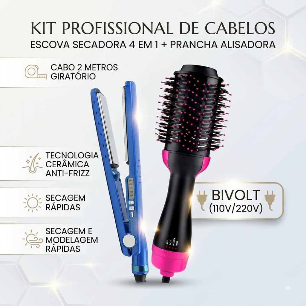 Kit Escova Secadora 4 em 1 + Prancha Alisadora Bivolt 110V 220V Cabelo Liso Modelador Profissional Escova Elétrica