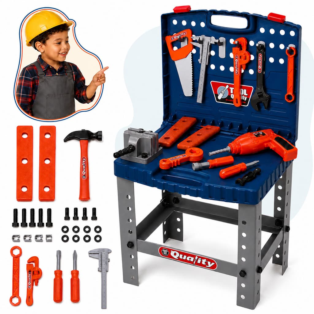 Kit Ferramentas Infantil Completo 53 Peças Mesa Bancada Vira Maleta 2 em 1 Furadeira Parafusadeira Oficina Kizumba