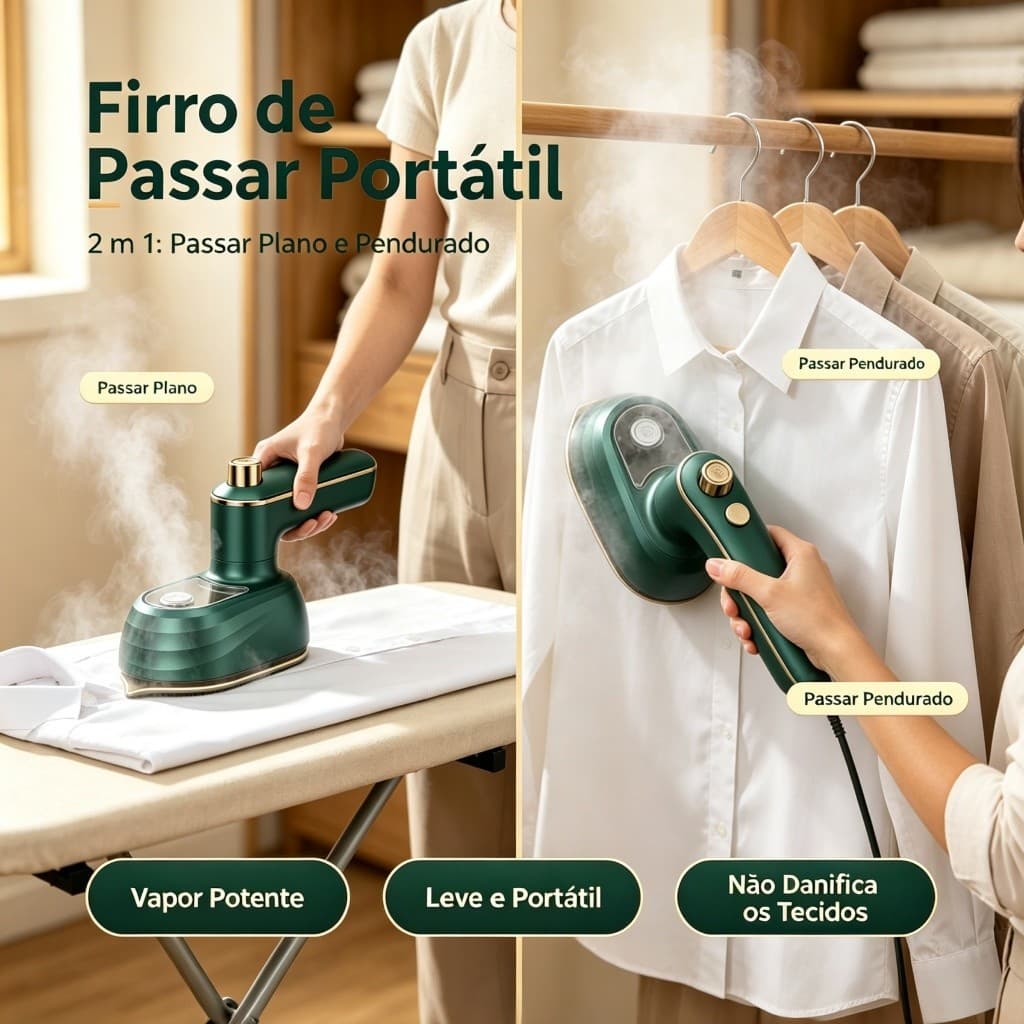 Mini Ferro a Vapor Portátil 2 em 1 Para Casa e Mala, Passadeira a Vapor Para Remover Rugas