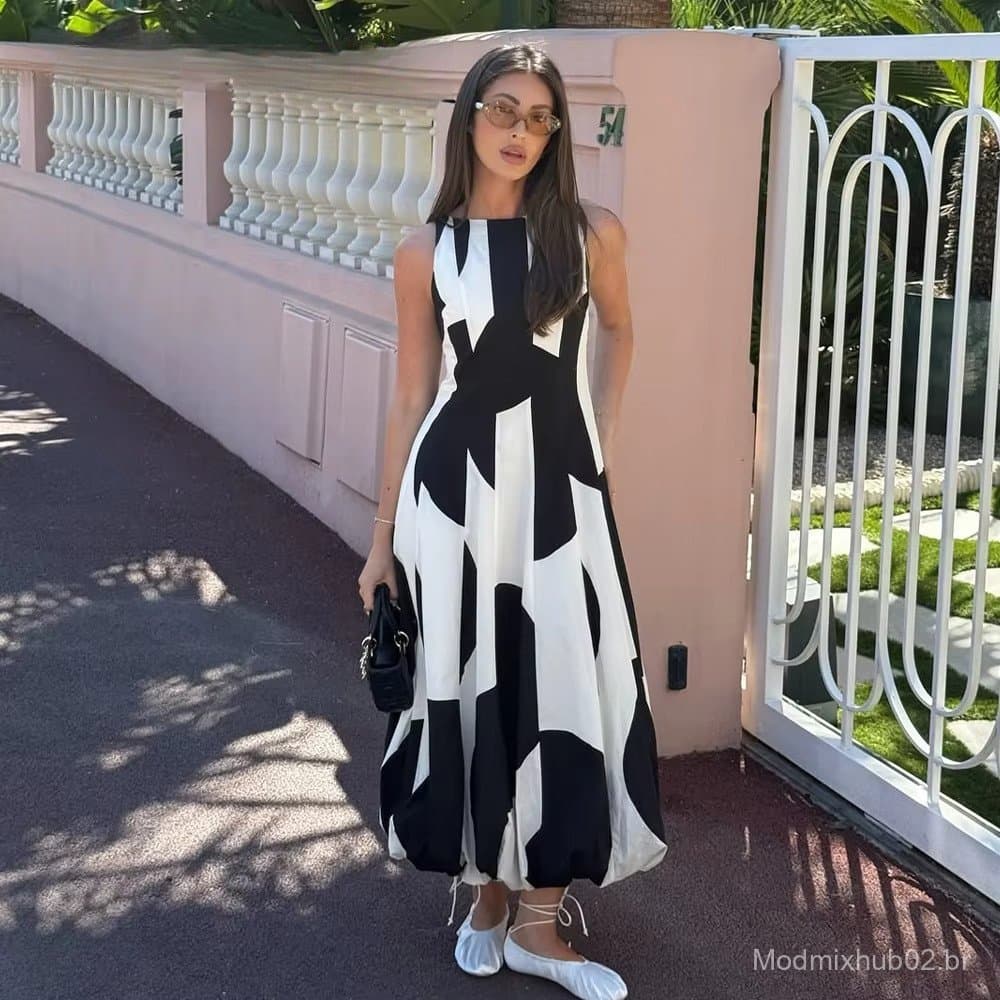 Vestidos Femininos de Bolinhas Primavera Verão 2026, Vestidos Femininos Chiques com Gola O, Zíper e Sem Mangas, Moda 260