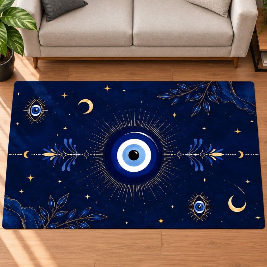 Tapete Decorativo Olho Grego 118x70cm Antiderrapante Sala, Quarto e Escritório Azul