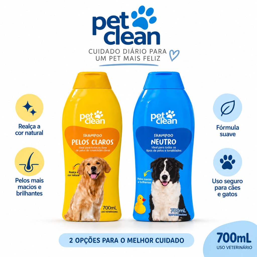 Shampoo para cachorros ou gatos Pet Clean 700gr - Shampoo Neutro ou Pelos Claros