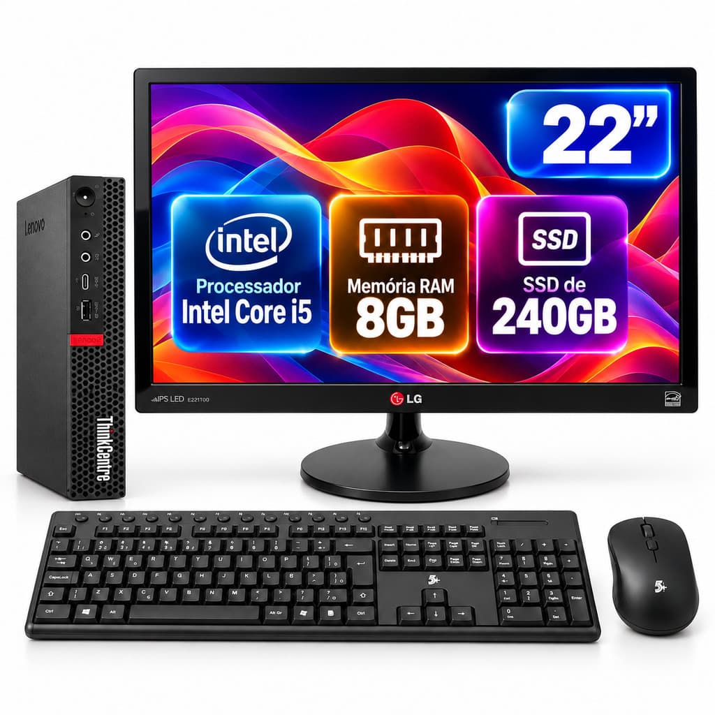 Computador Completo Lenovo M720q i5 8ª 8GB SSD 240GB + Monitor LG 22 IPS Full HD + Teclado e Mouse