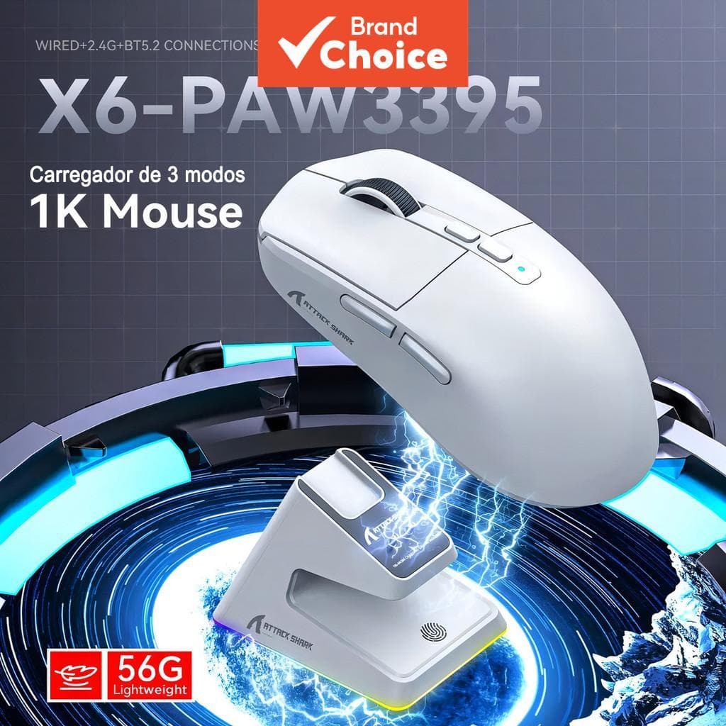Mouse Gamer Sem Fio SHARK ATTACK X6 PAW3395 Tri-Modo Bluetooth 2.4G Com Fio RGB Macro Mouse com Controle por Toque