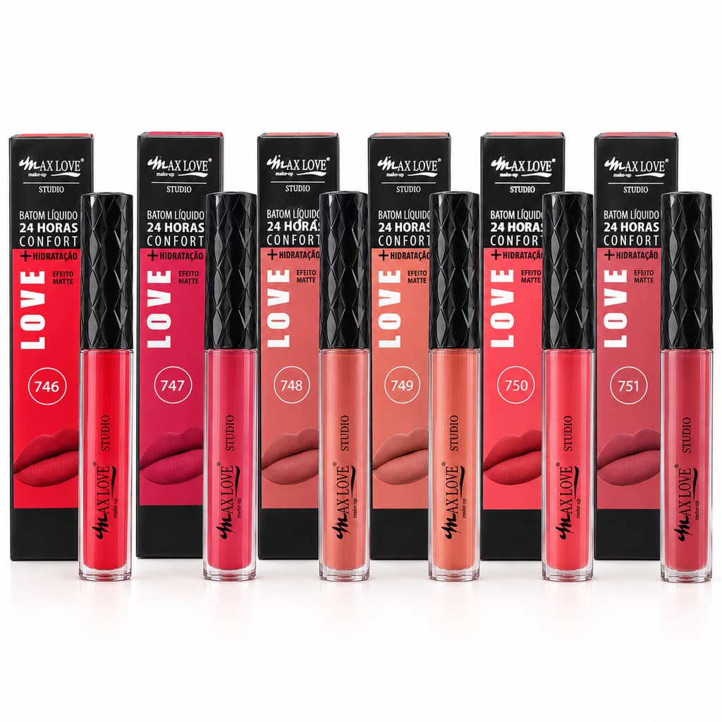 Batom Líquido Max Love 24 Horas Confort Matte Hidratação Longa Duração Cores 746 a 751 Maquiagem Lábios Uso Diário Fácil