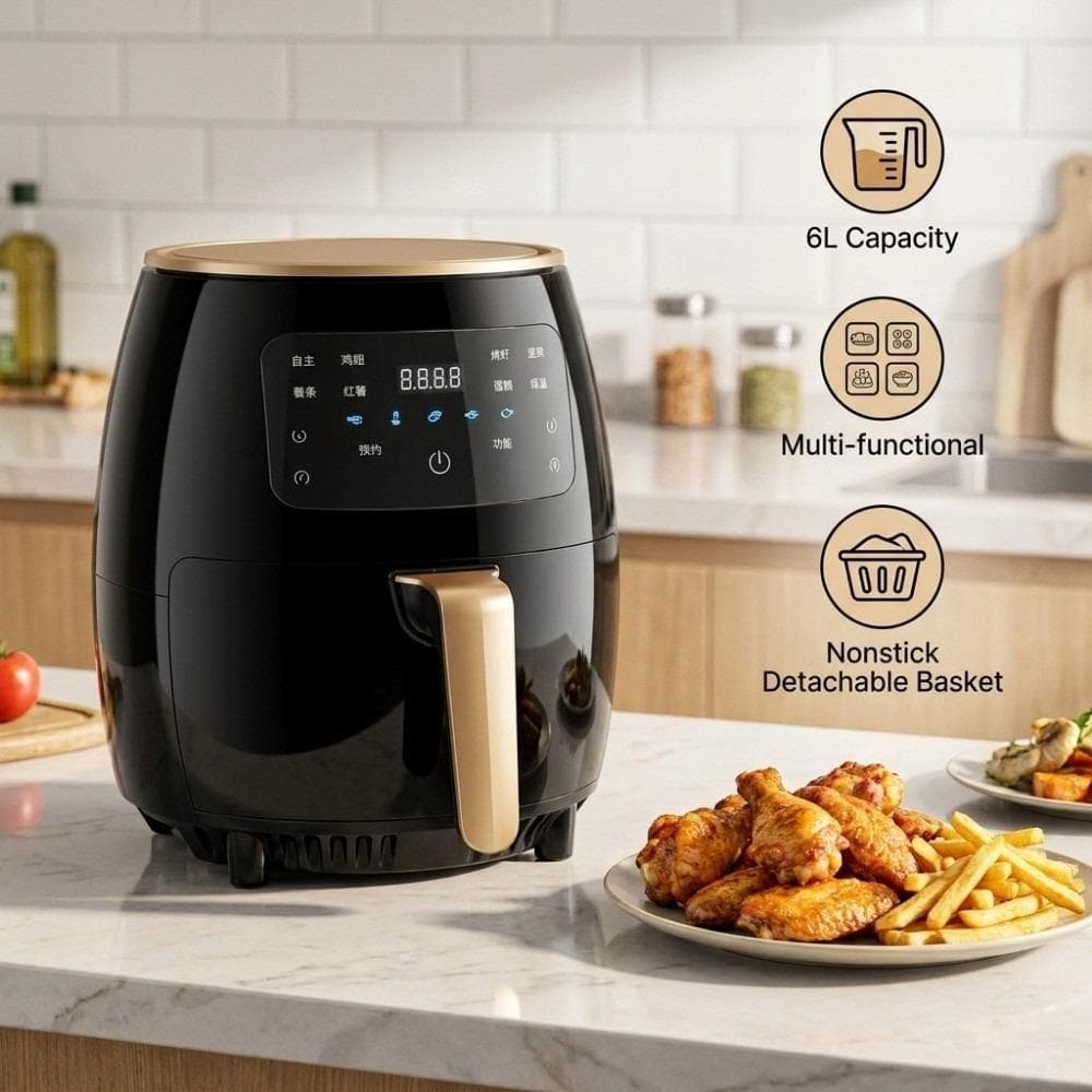Fritadeira Elétrica , De Ar Multifuncional 6L , Cesta Removível Com Temperatura Ajustável Digital