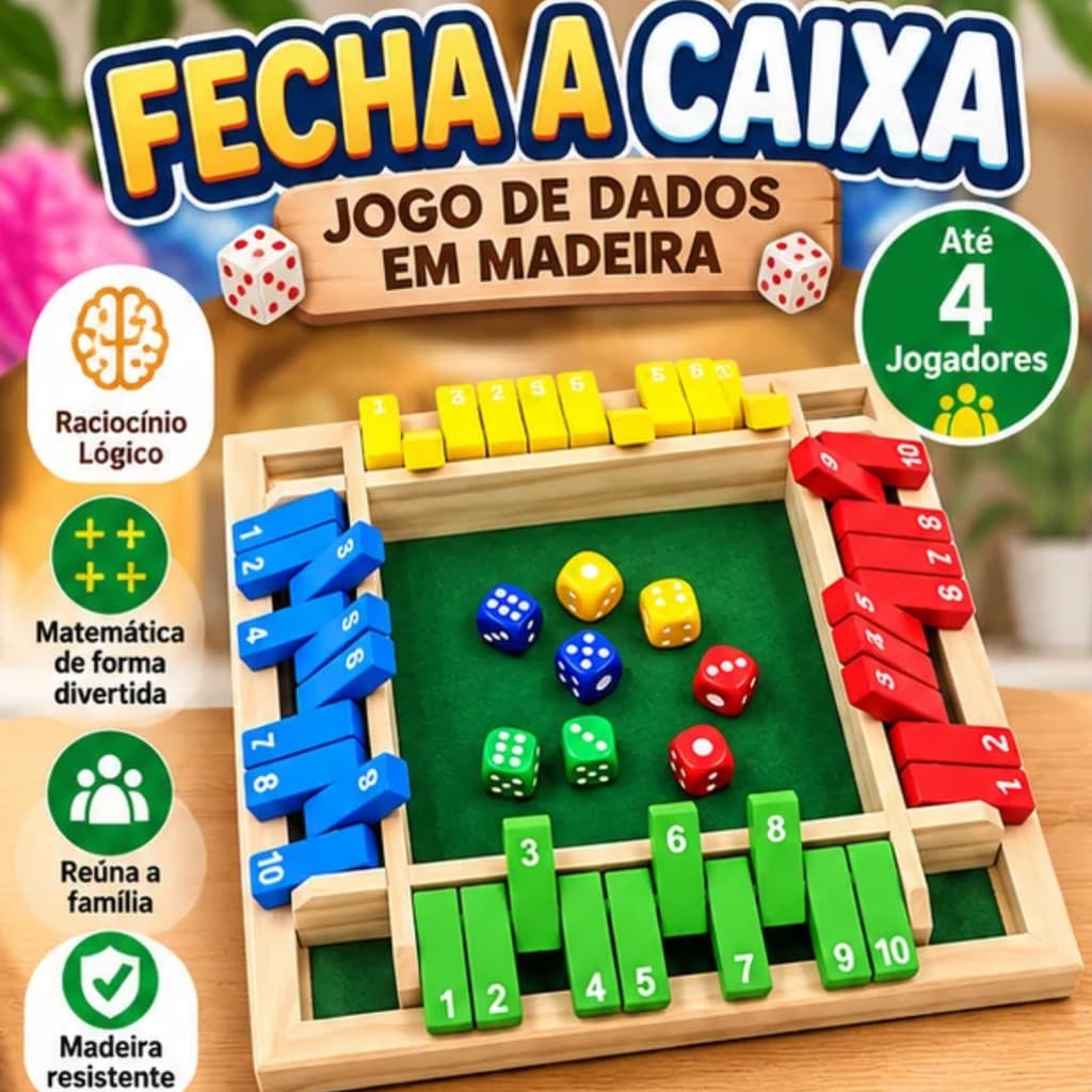 Jogo Fecha a Caixa 4 Jogadores Madeira Tabuleiro Educativo Matemática Dados 22,2cm Raciocínio Família Infantil