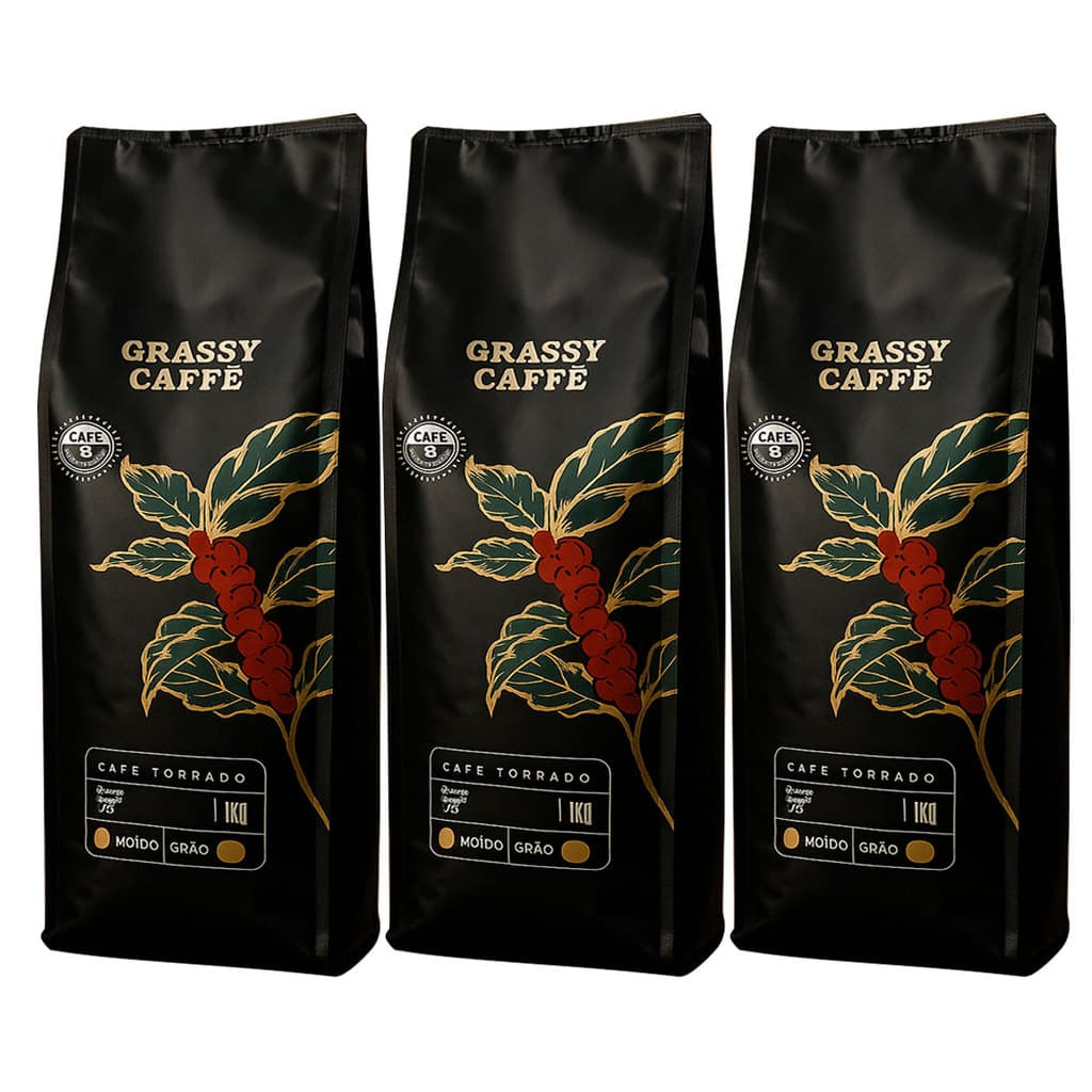 Kit 3 Café Em Grãos Torra Média Especial Conilon Mais Cafeína Grassy Café 1kg