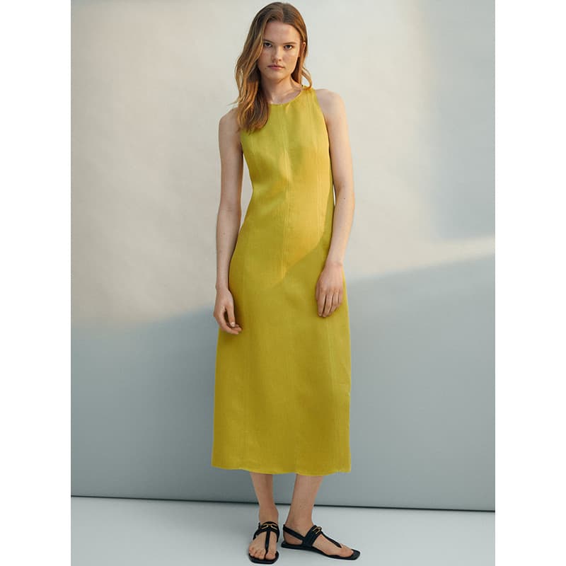 MD Vestido feminino verão novo estilo moda estilo simples All-Match versão longa pescoço vestido de linho feminino 06621