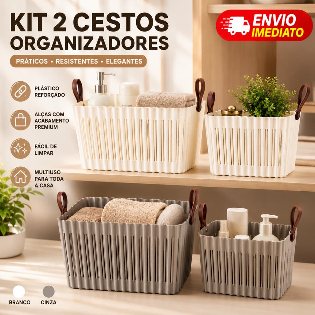 Kit 2 Caixas Organizadoras Com Alças Multiuso Cestos organizadores Banheiro Cozinha Closet Branco Cinza Guarda roupa