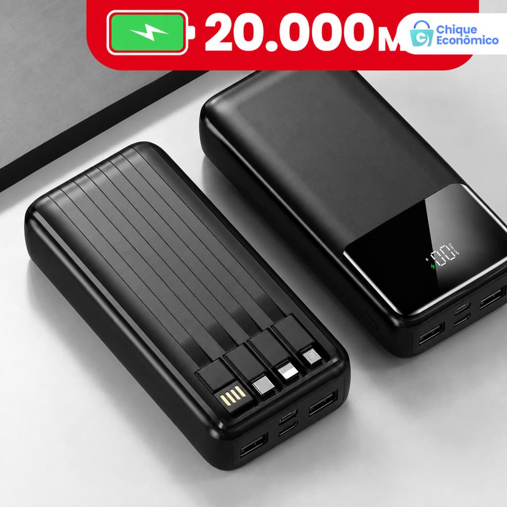 Power Bank 20000mAh com Visor Digital: Carregamento Ultra-Rápido e 4 Portas USB, Carregador Portátil