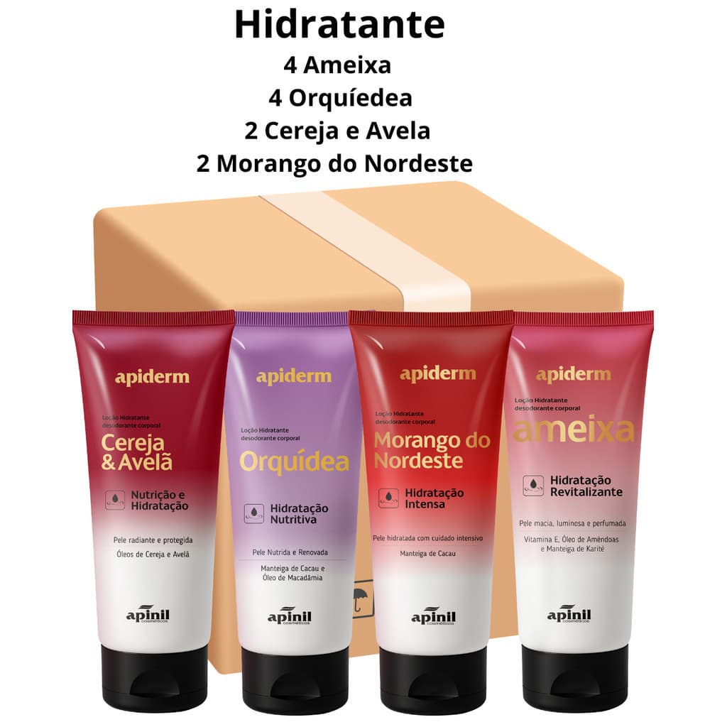 Kit 4 Orquídea  4 Ameixa  2 Cereja e Avelã 2 Morango do Nordeste Loção Hidratante Corporal Apiderm 190g - Apinil