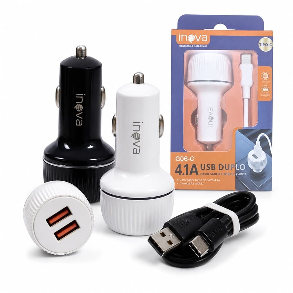 Carregador Veicular INOVA G06-C Turbo 4.1A com 2 Portas USB e Cabo Tipo-C - Cor Preto