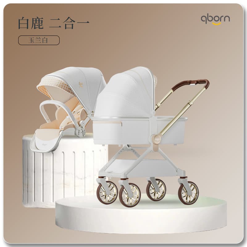 Qborn White Deer Carrinho de bebê recém-nascido de alta paisagem em dois sentidos leve dobrável carrinho de bebê
