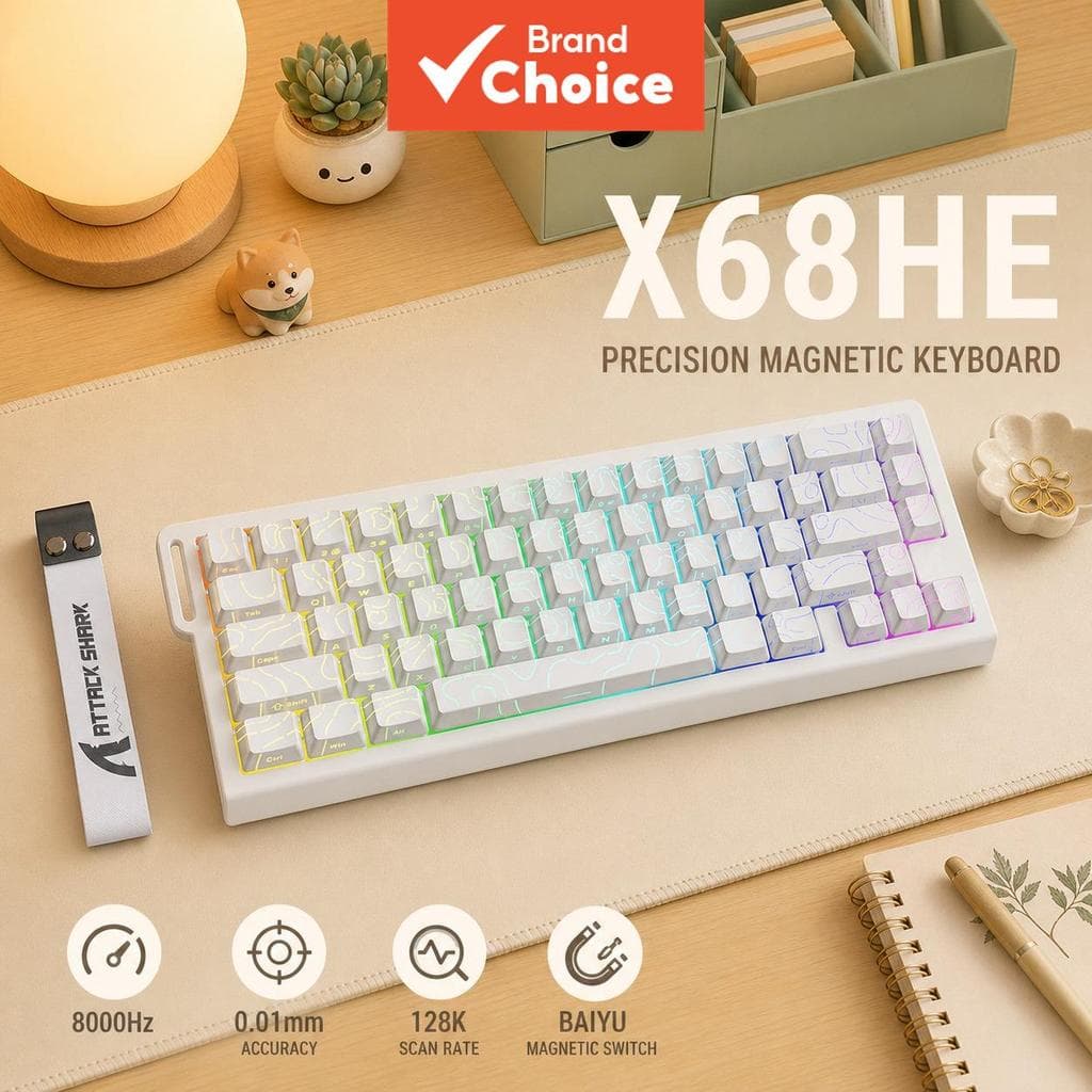 Teclado Mecânico de Jogo Compacto Attack Shark X68HE, Interruptor Responsivo, Conexão USB com Fio, Retroiluminação RGB,