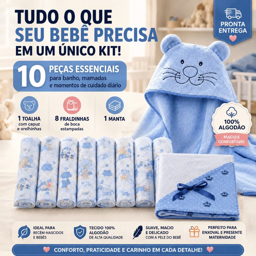 Kit Enxoval Bebê 10 Peças Completo 100% Algodão | 1 Toalha com Capuz + 8 Fraldinhas + 1 Manta Fralda Premium