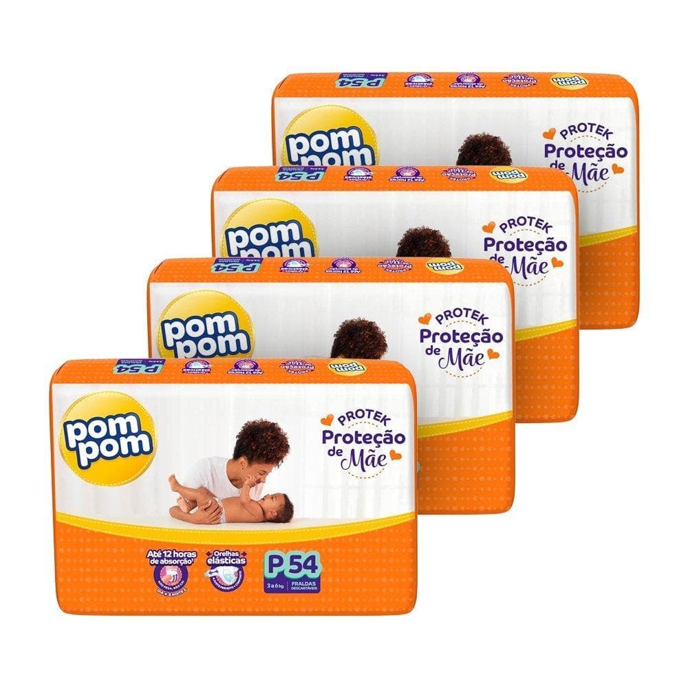 Fralda Descartável Pom Pom Derma Protek Tamanho P - 4 Pacotes com 54 Fraldas - Total 216