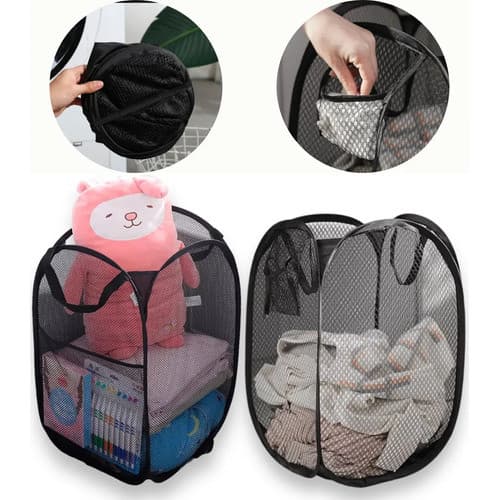Kit 2 Cestos Organizadores Roupa Suja Dobráveis Grande 40x40x70cm Preto Lavanderia Banheiro Quarto Brinquedos Multi-Uso