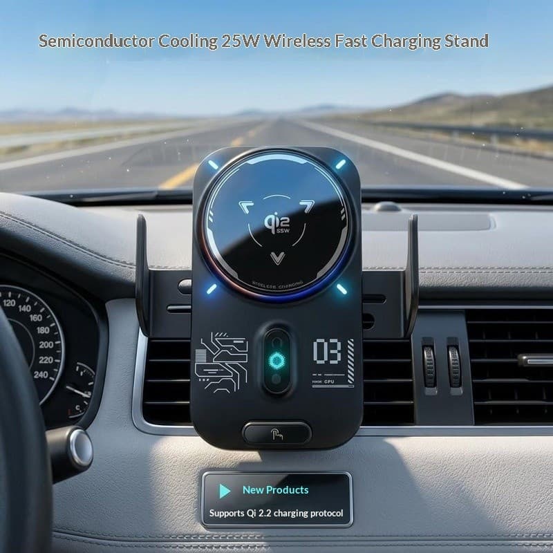 Suporte de Carregamento Sem Fio para Carro Qi2.2 25W com Carregamento Rápido, Resfriamento por Semicondutores, Suporte p