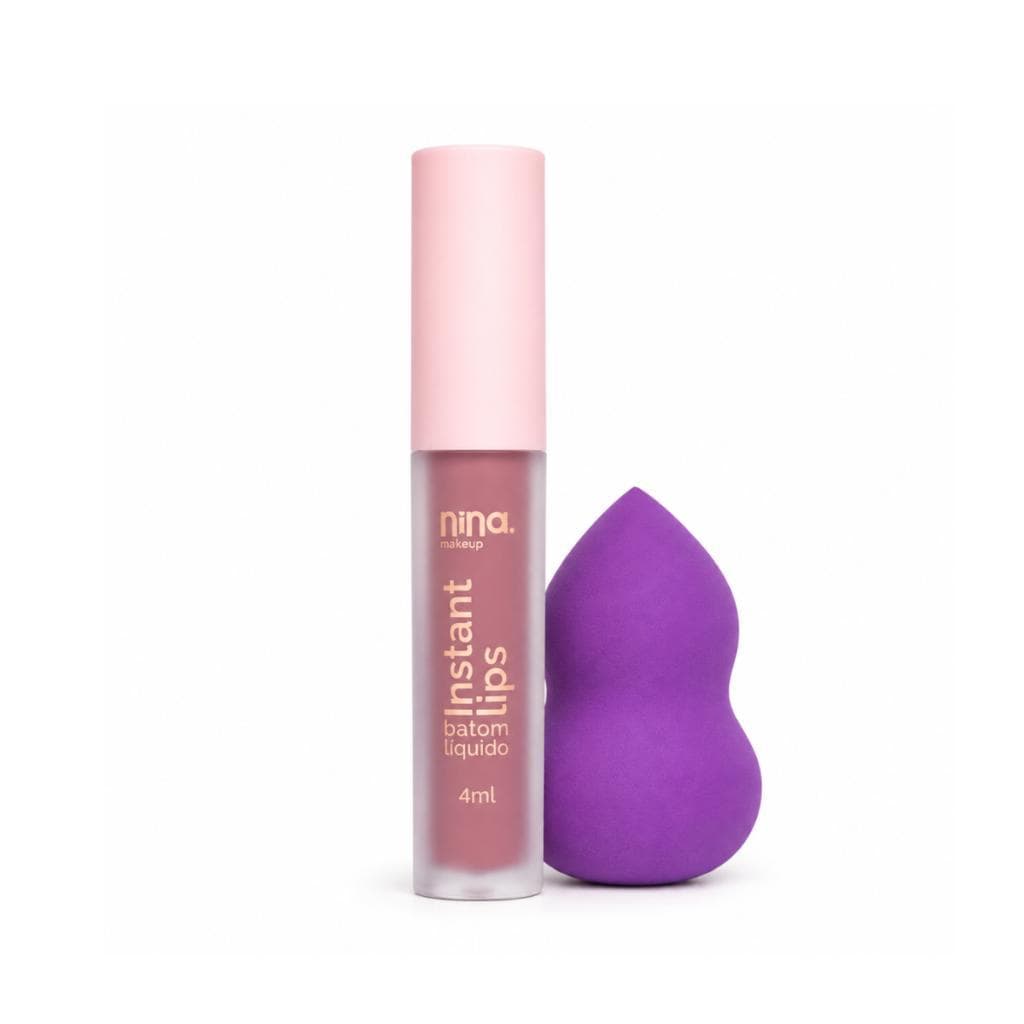 Kit Nina Makeup Batom Líquido Matte Instant Lips Bride + Esponja Maquiagem