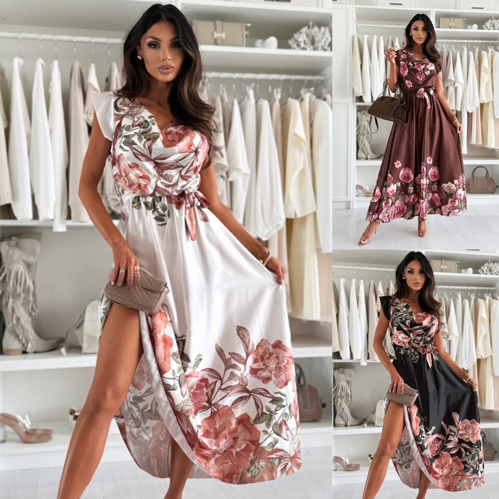 Vestido feminino europeu e americano de verão, moda feminina, floral, com cinto ajustável na cintura,  longo&*&&