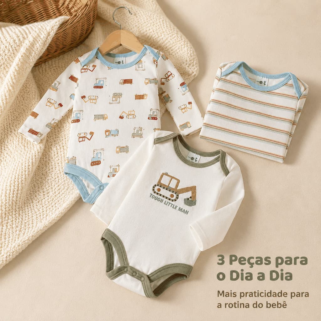 Body Bebê Kit 3 Peças Manga Longa Roupa Infantil 60% Algodão 40% Poliéster Enxoval Bebê Body P M G 0 a 9 Meses