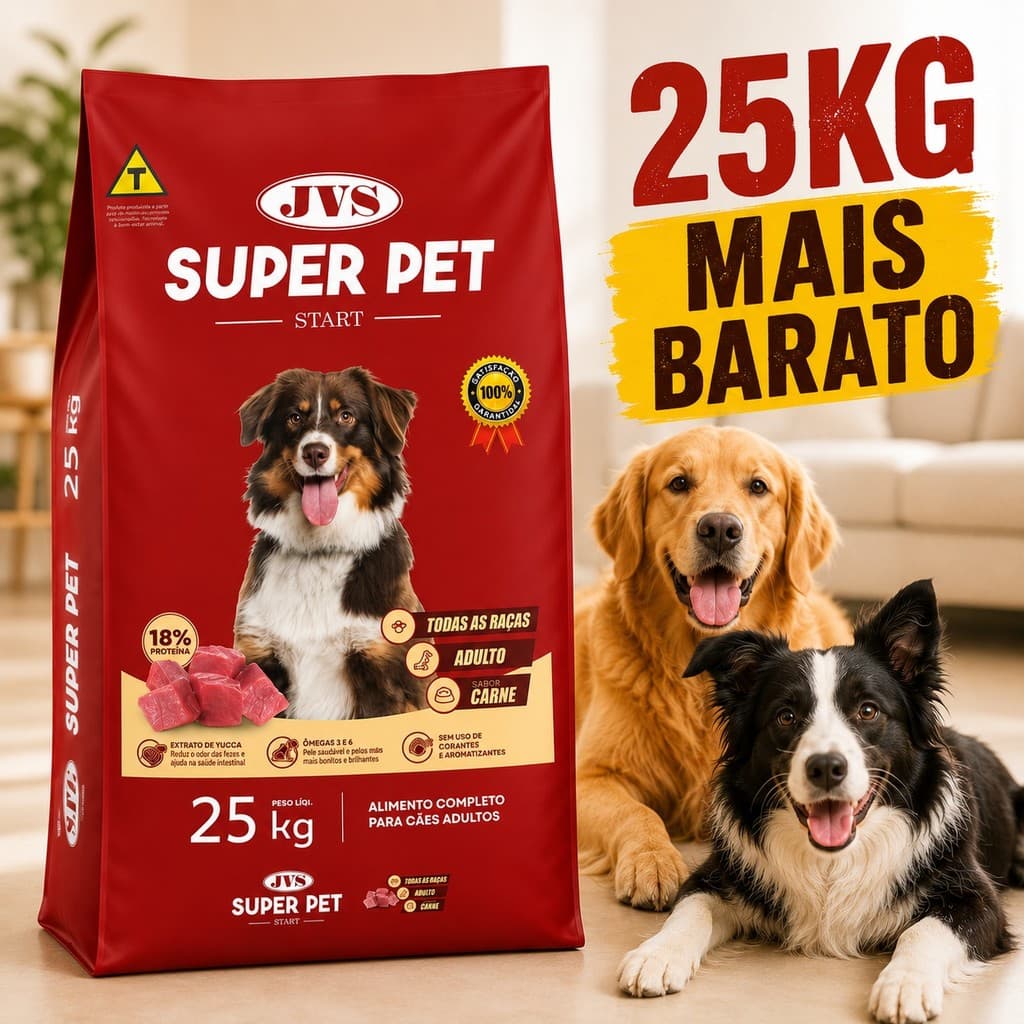 Ração Para Cachorro Adulto 25kg Sabor Carne 18% Proteína Todas as Raças Sem Corante