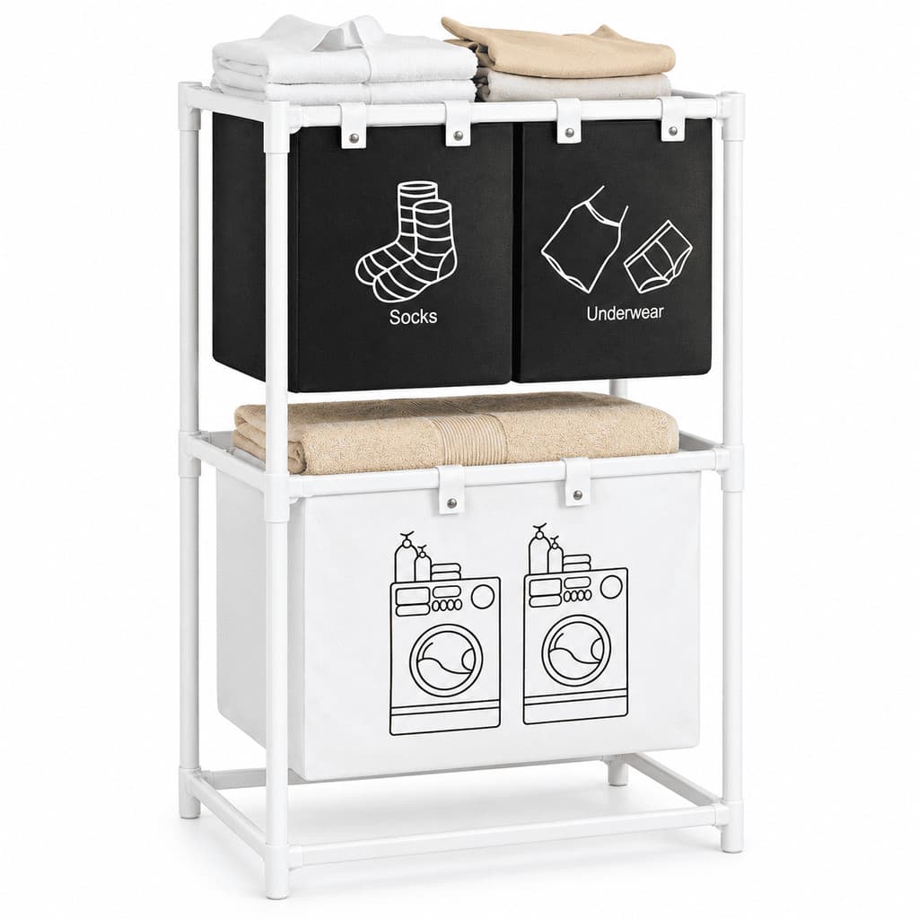 Cesto de Roupa Suja Triplo 3 Compartimentos com Estante de Metal Organizador para Lavanderia e Banheiro